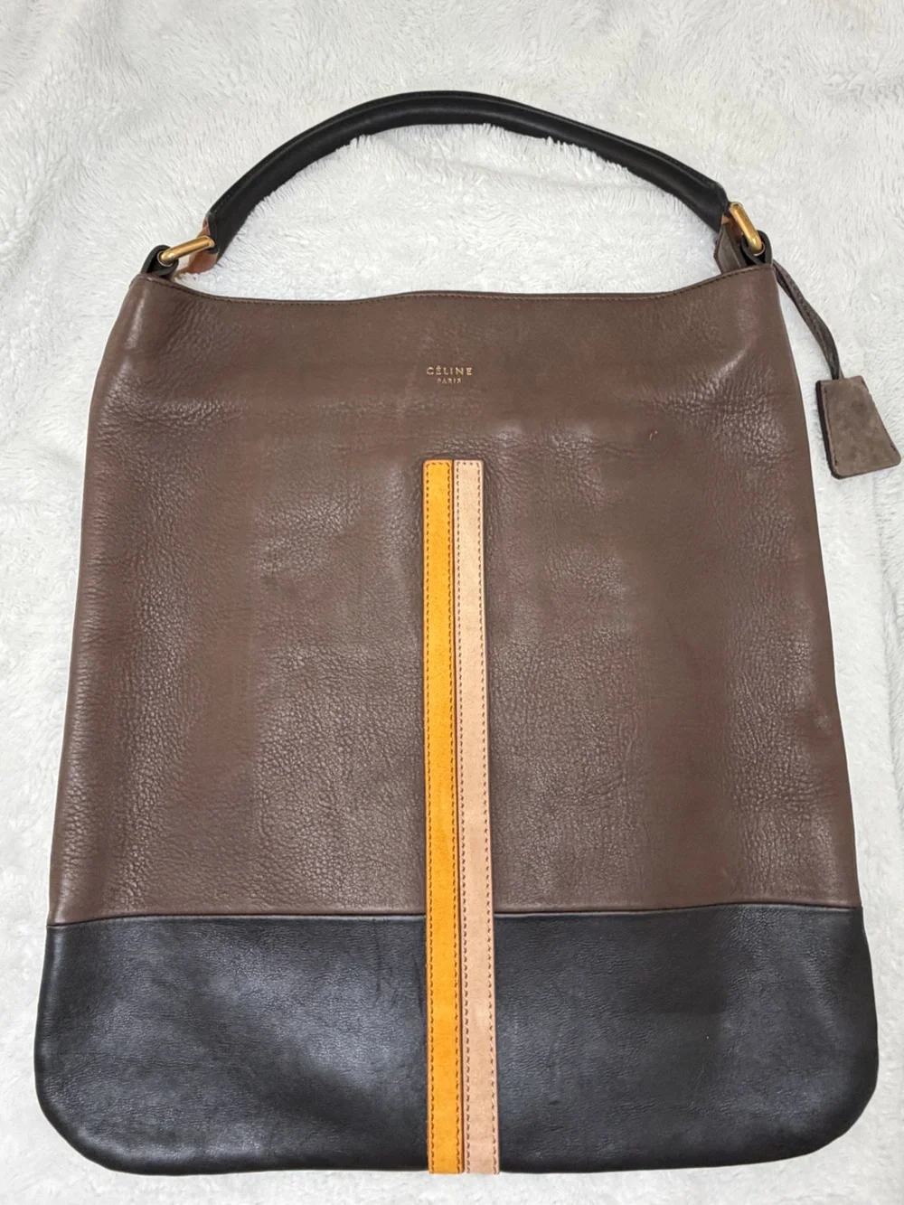 Celine Brown Leather Messenger Bag with Tan & Yellow Strap Accent